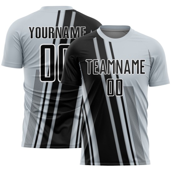 Maillot de football personnalisé à sublimation, uniforme sportif, lignes noires et blanches, argent