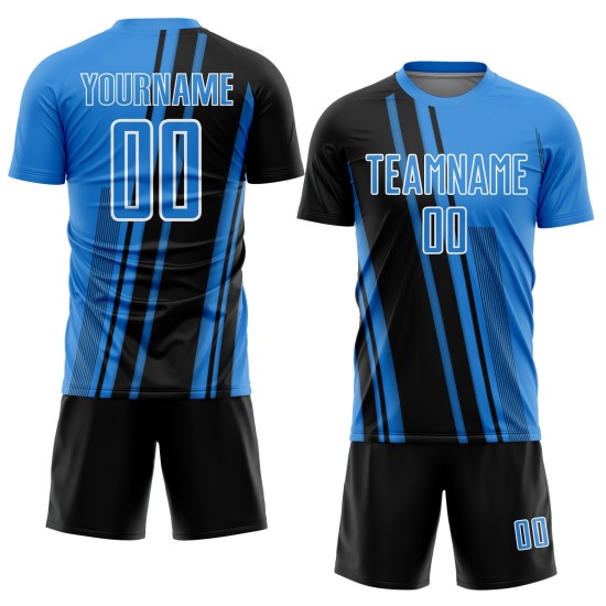 Maillot de football personnalisé à sublimation bleue avec lignes de poudre noir et blanc