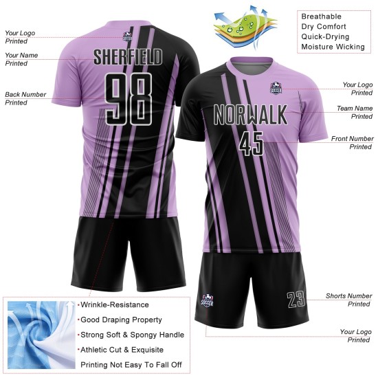 Maillot de football personnalisé noir et blanc avec lignes de sublimation, violet clair