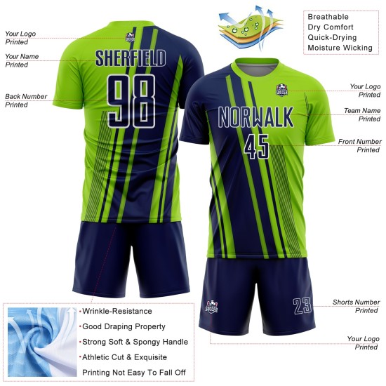 Maillot de football personnalisé à sublimation, lignes vertes, sport, bleu marine fluo et blanc