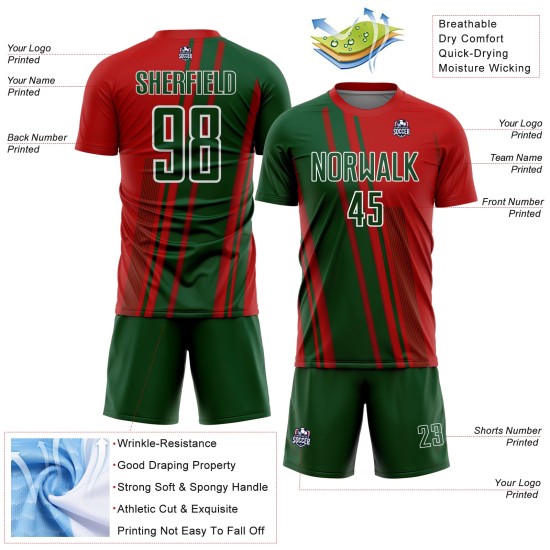 Maillot de football personnalisé à sublimation vert et blanc avec lignes rouges Maillot de football personnalisé à sublimation vert et blanc avec lignes rouges