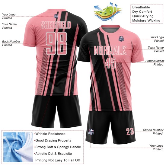 Maillot de football personnalisé à sublimation, noir et blanc, rose moyen Maillot de football personnalisé à sublimation, noir et blanc, rose moyen