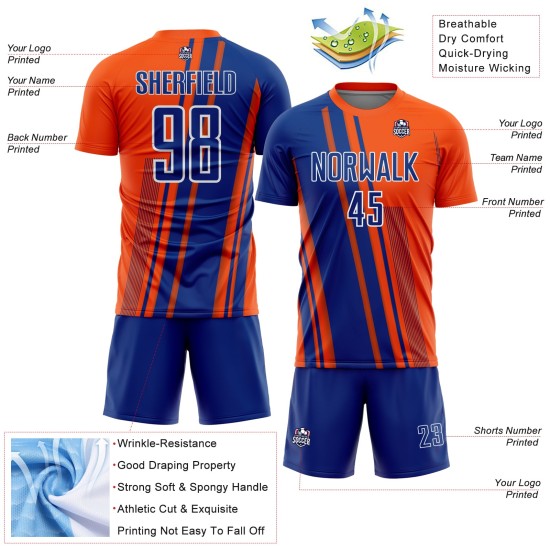 Maillot de football orange à sublimation, uniforme sportif personnalisé, lignes bleu royal et blanc Maillot de football orange à sublimation, uniforme sportif personnalisé, lignes bleu royal et blanc