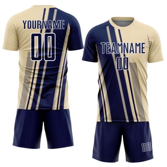 Maillot de football crème bleu marine et blanc, uniforme sportif à sublimation, lignes personnalisées