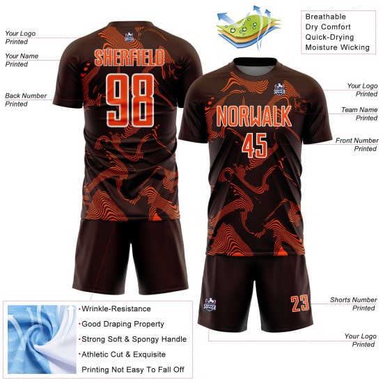 Maillot de football Curve Sports Lines marron, uniforme personnalisé par sublimation, orange et blanc
