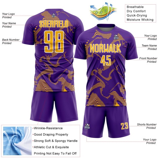Maillot de football personnalisé à sublimation or-blanc, uniforme de sport violet courbe
