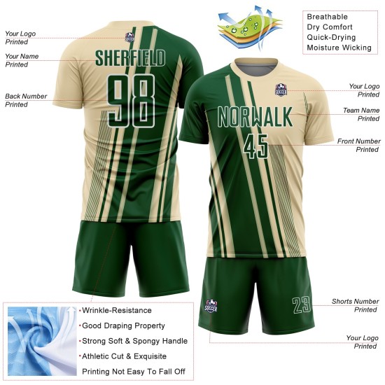 Maillot de football de sport, uniforme, lignes de sublimation crème, personnalisé, vert et blanc
