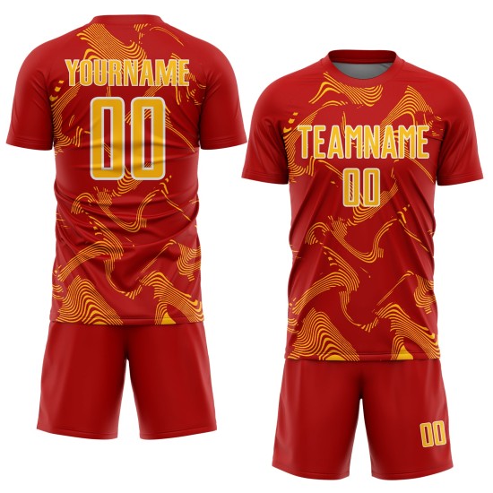 Maillot de football personnalisé à sublimation, courbe rouge, lignes dorées et blanches