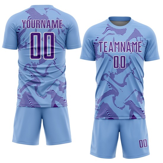 Maillot de football violet et blanc à sublimation bleue et courbe personnalisée Maillot de football violet et blanc à sublimation bleue et courbe personnalisée