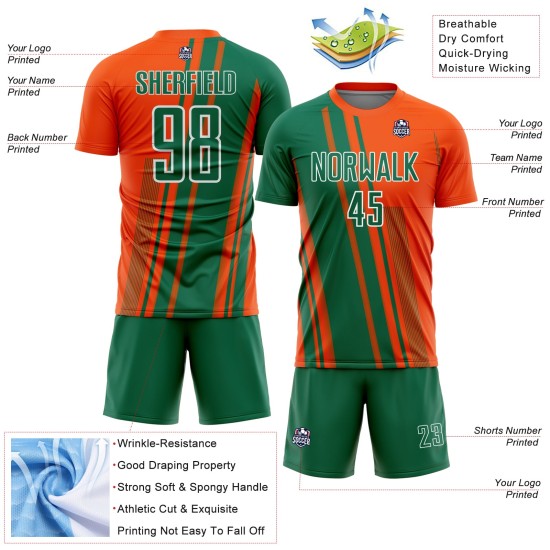 Maillot de sport Kelly personnalisé à sublimation, lignes de football, orange, vert et blanc