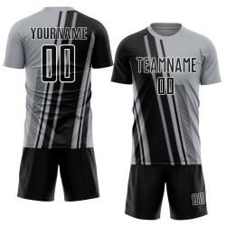Maillot de football noir et blanc personnalisé à lignes grises par sublimation Maillot de football noir et blanc personnalisé à lignes grises par sublimation