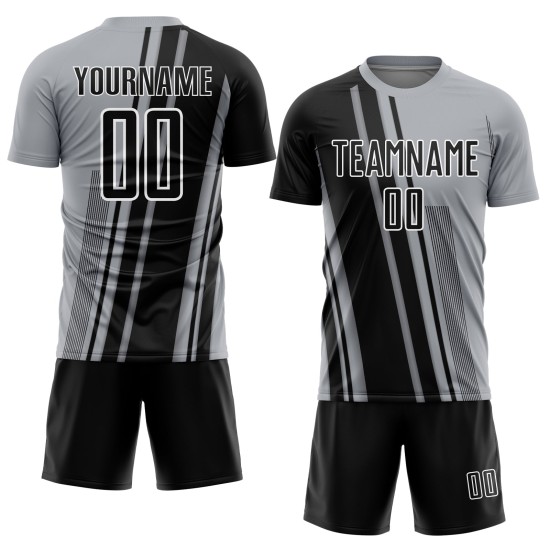 Maillot de football noir et blanc personnalisé à lignes grises par sublimation