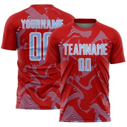 Maillot de football Curve Sublimation bleu clair-blanc, lignes rouges, uniforme de sport personnalisé