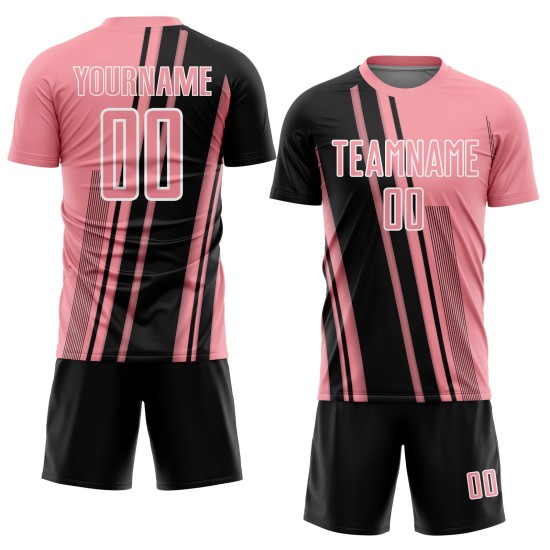 Maillot de football personnalisé à sublimation, noir et blanc, rose moyen Maillot de football personnalisé à sublimation, noir et blanc, rose moyen