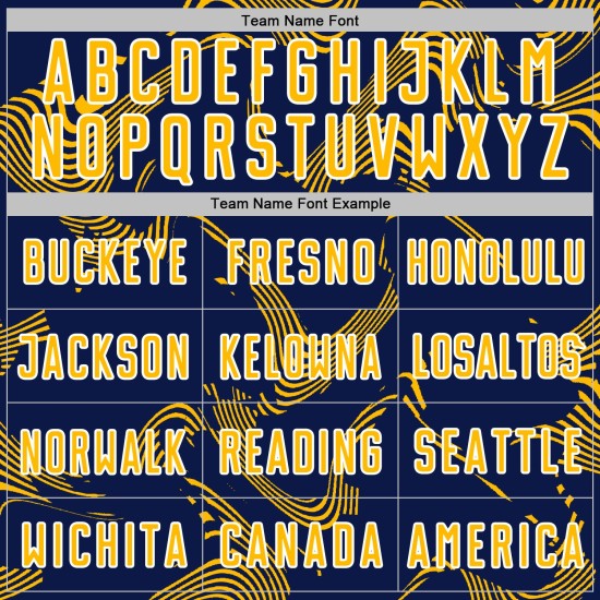 Maillot de football sublimé or-blanc, uniforme bleu marine personnalisé, lignes Sports Curve Maillot de football sublimé or-blanc, uniforme bleu marine personnalisé, lignes Sports Curve