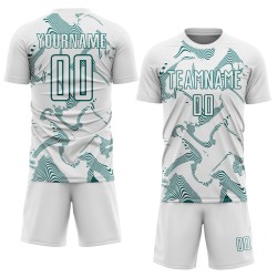 Maillot de football blanc Sports Lines Curve personnalisé bleu sarcelle, sublimation Maillot de football blanc Sports Lines Curve personnalisé bleu sarcelle, sublimation