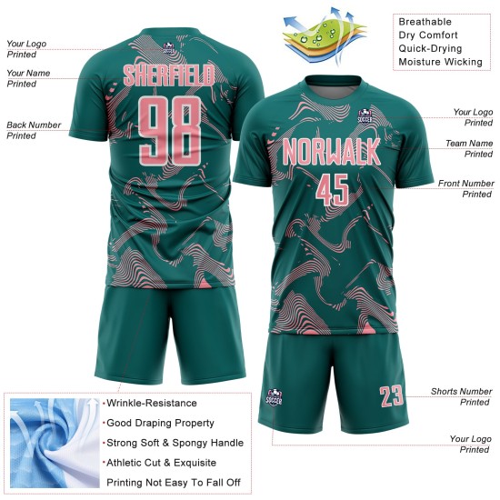 Maillot de sport personnalisé Curve Lines Sublimation Teal Pink-White Medium Soccer