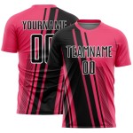 Maillot de football rose fluo à sublimation, uniforme sportif, lignes personnalisées, noir et blanc Maillot de football rose fluo à sublimation, uniforme sportif, lignes personnalisées, noir et blanc
