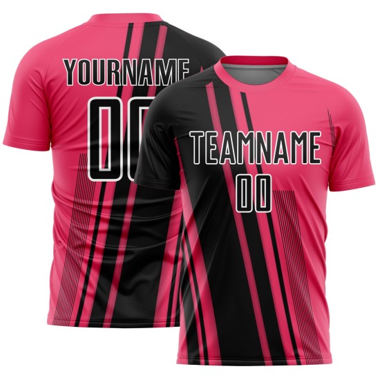 Maillot de football rose fluo à sublimation, uniforme sportif, lignes personnalisées, noir et blanc Maillot de football rose fluo à sublimation, uniforme sportif, lignes personnalisées, noir et blanc