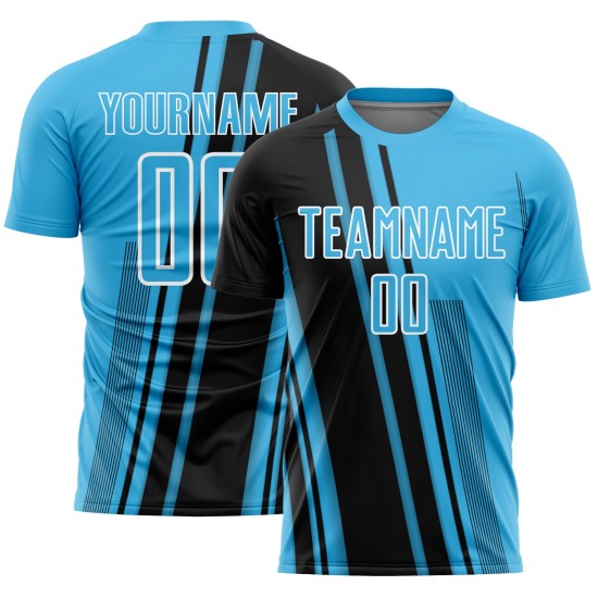 Maillot de football sublimé Lines Blue Sky Sports, uniforme personnalisé noir et blanc