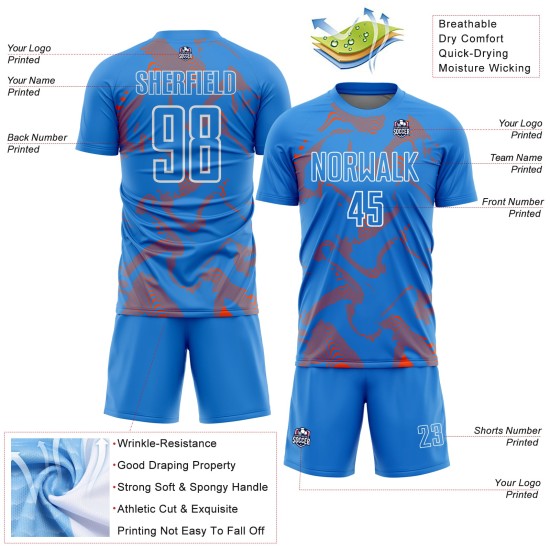 Maillot de football bleu personnalisé avec lignes de sublimation, courbe orange-blanche