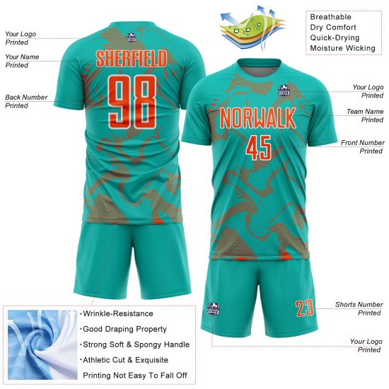 Maillot de sport Aqua Uniform Sublimation Lignes orange-blanches Courbe personnalisée Soccer